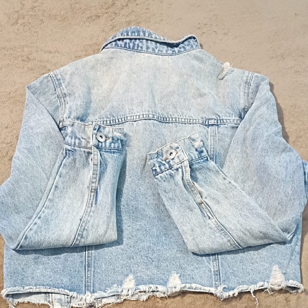 Women’s Light Blue Denim Varsity Jacket - Casual Button-Front - Picture 3 of 4